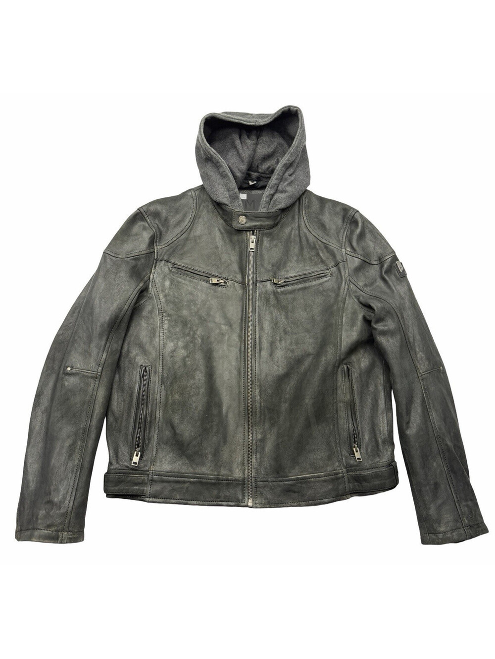 Mauritius Removable-Hood Leather Moto Biker Jacket Black Size L